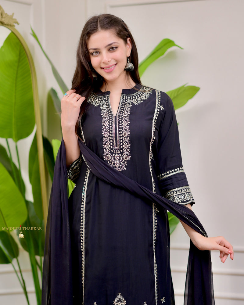 Black Handwork Cotton Silk Festive Suit