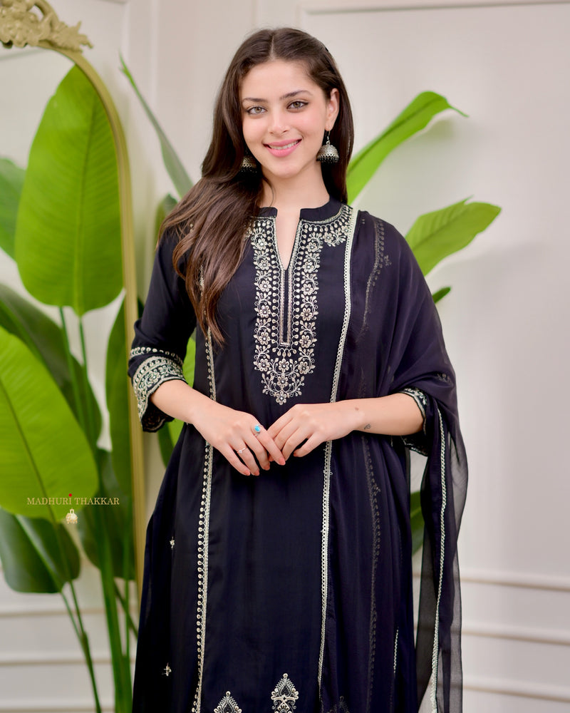 Black Handwork Cotton Silk Festive Suit