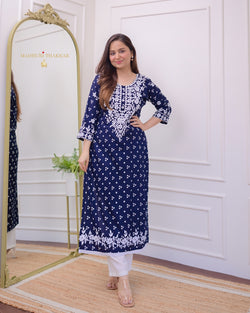 Navy Blue Chikankari Cotton Kurta