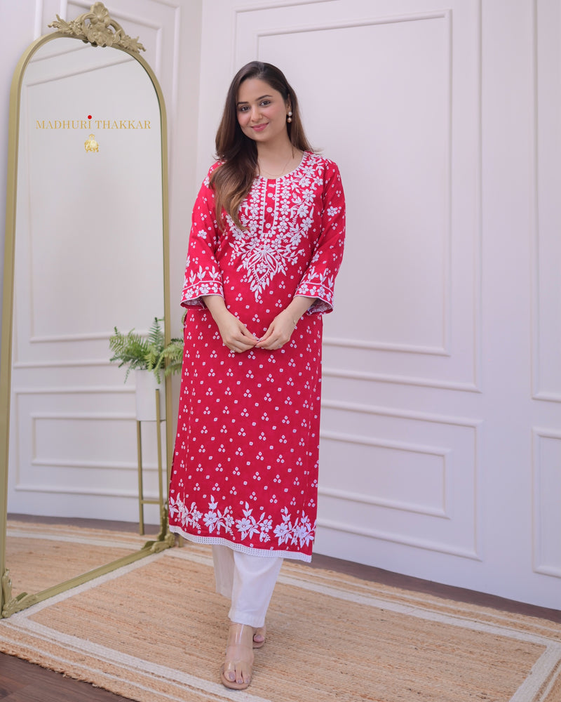 Red Chikankari Cotton Kurta