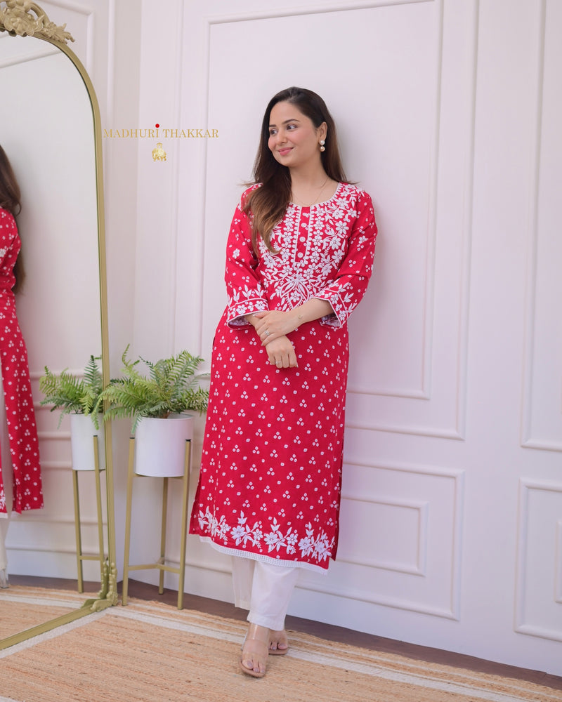 Red Chikankari Cotton Kurta