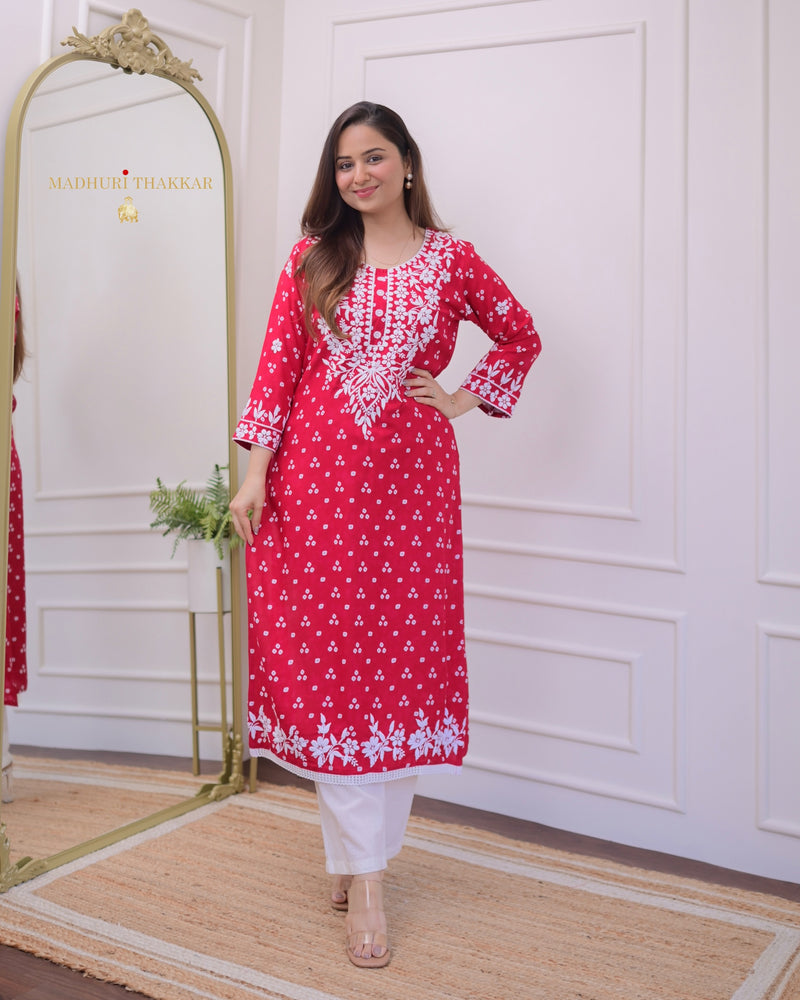 Red Chikankari Cotton Kurta