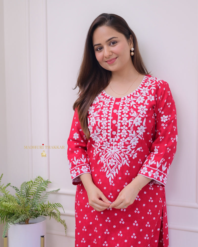 Red Chikankari Cotton Kurta