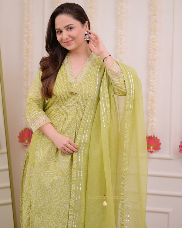 Green Bandhani Handwork Cotton A Line Suit