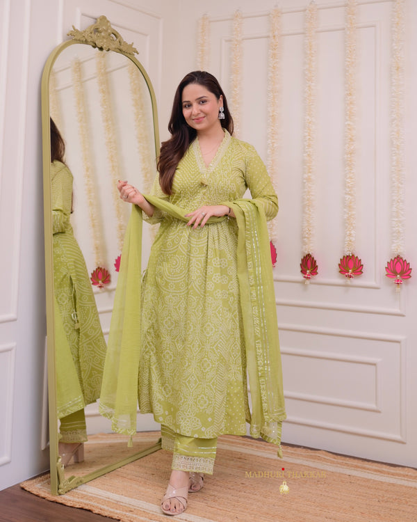 Green Bandhani Handwork Cotton A Line Suit