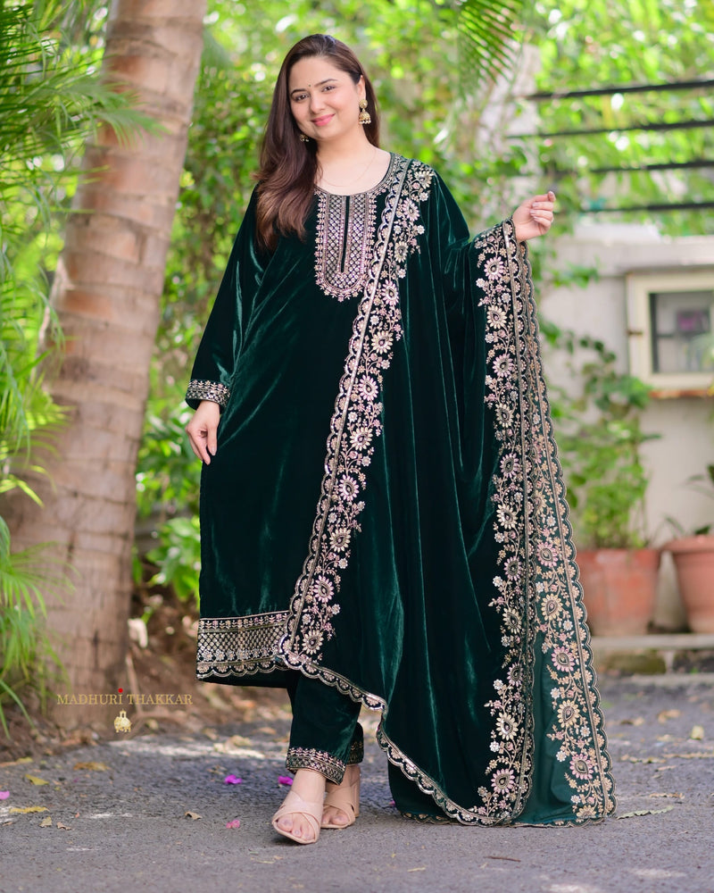 Bottle Green Handwork Premium Velvet Suit