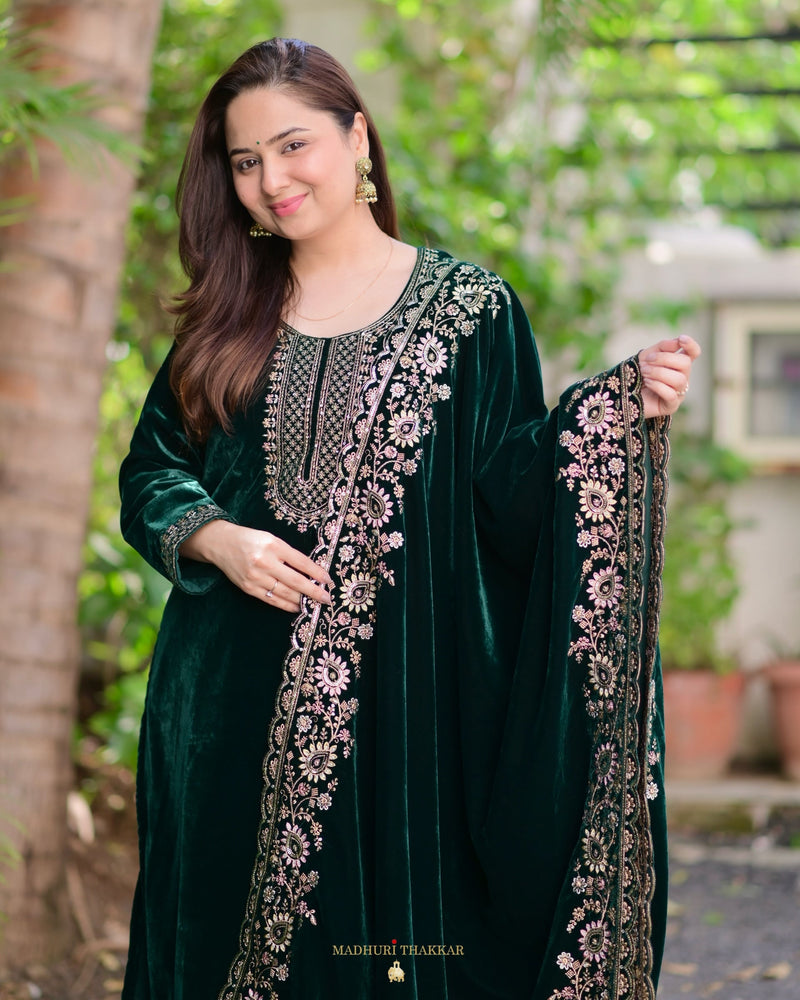 Bottle Green Handwork Premium Velvet Suit