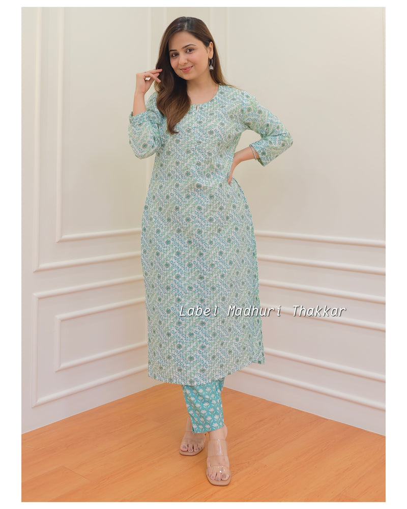 Green Floral Kantha Kurta Set