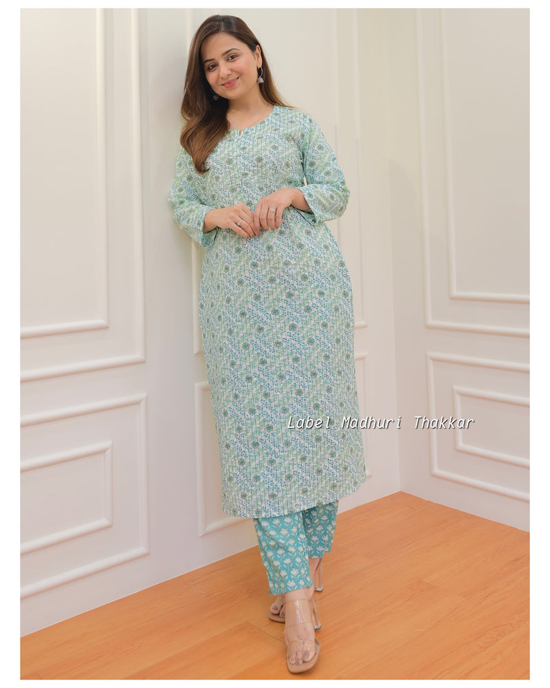 Green Floral Kantha Kurta Set