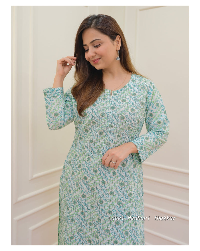 Green Floral Kantha Kurta Set