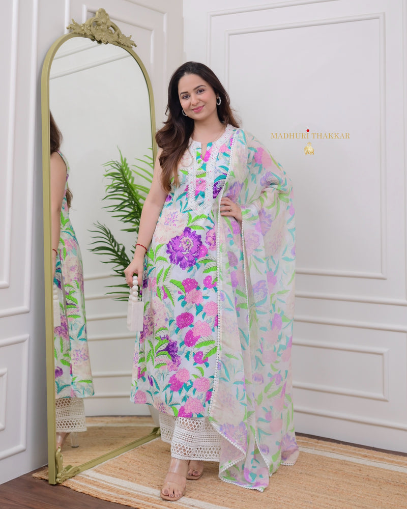 Ivory Lilac Floral Premium Cotton Suit