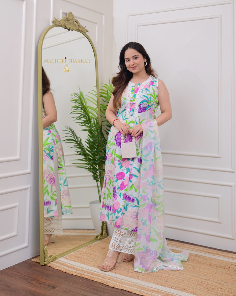 Ivory Lilac Floral Premium Cotton Suit