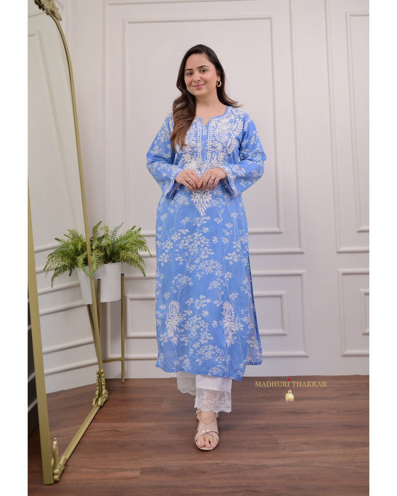 Blue Chikankari Mul Cotton Kurti