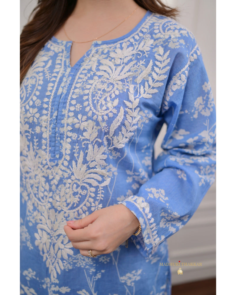 Blue Chikankari Mul Cotton Kurti