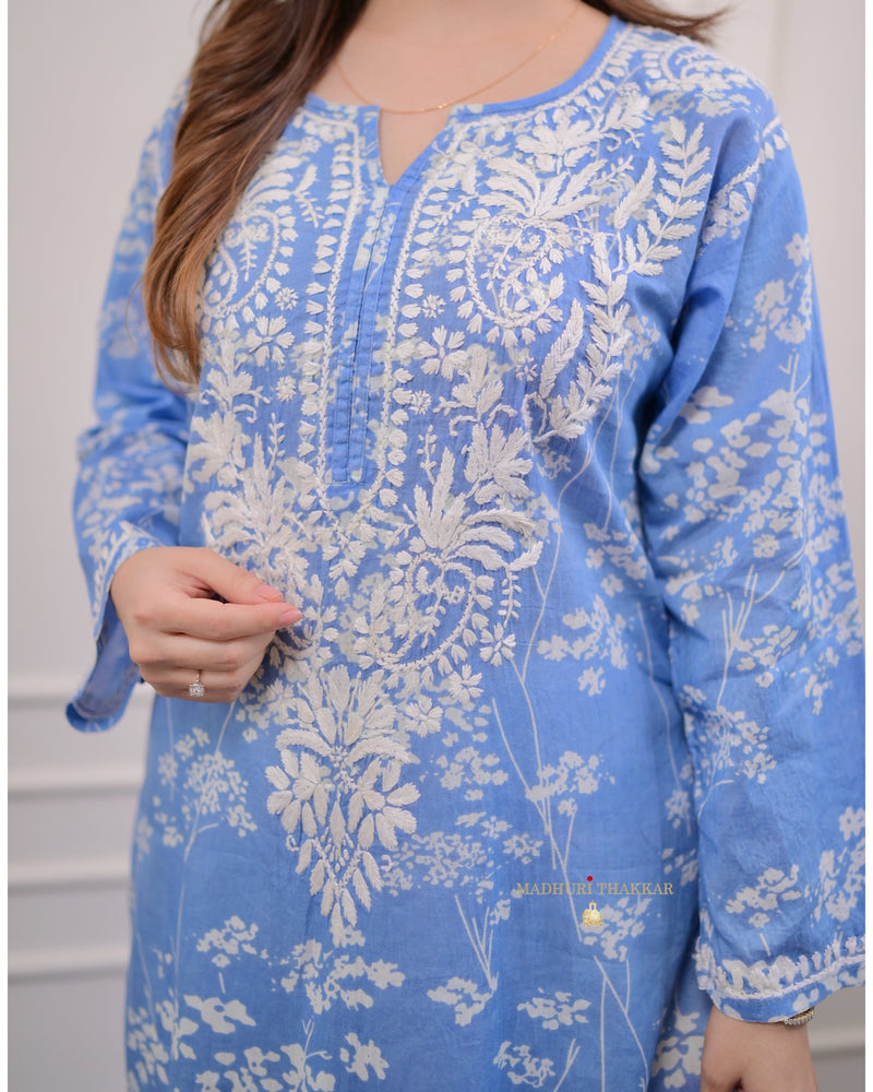 Blue Chikankari Mul Cotton Kurti