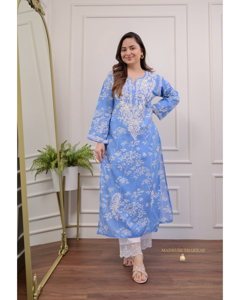 Blue Chikankari Mul Cotton Kurti