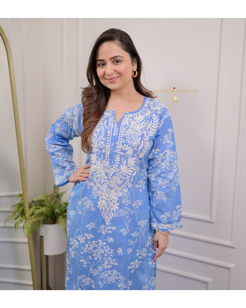 Blue Chikankari Mul Cotton Kurti