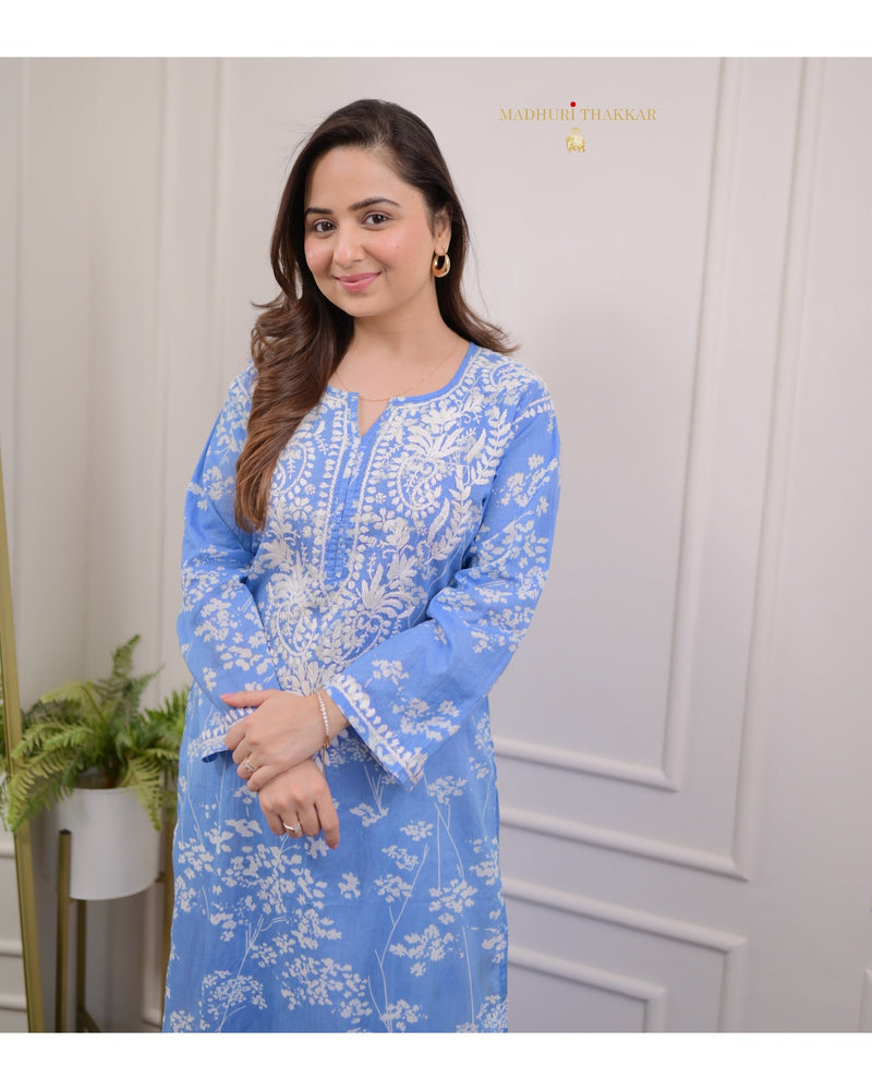 Blue Chikankari Mul Cotton Kurti