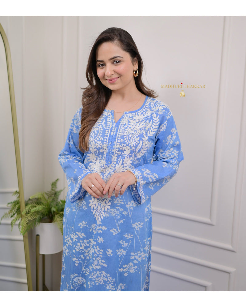 Blue Chikankari Mul Cotton Kurti