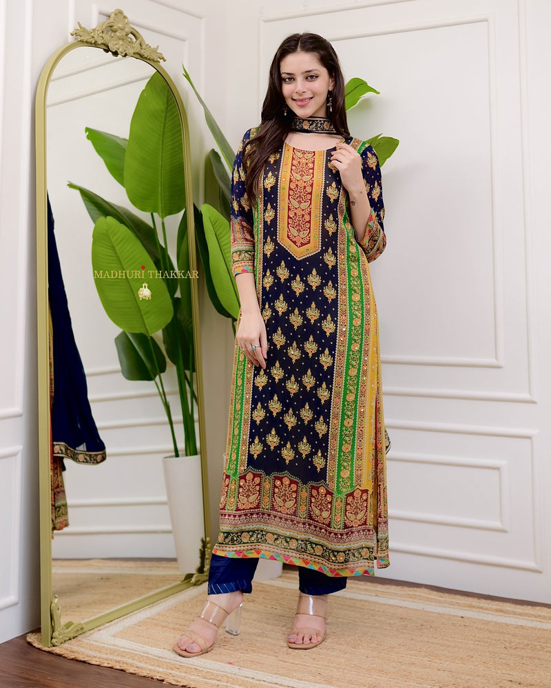 Navy Mustard Pure Chinnon Patch Print Festive Suit