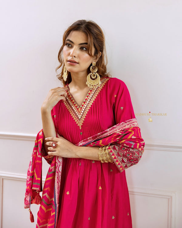 Rani Pink Handwork Muslin A Line Suit