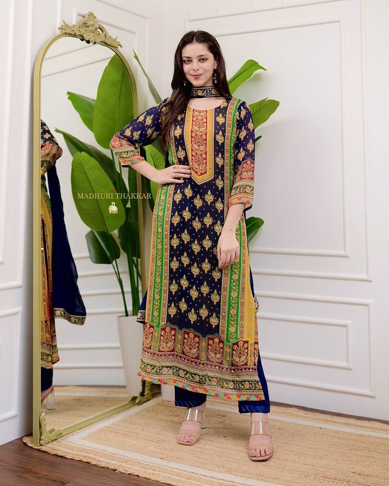 Navy Mustard Pure Chinnon Patch Print Festive Suit