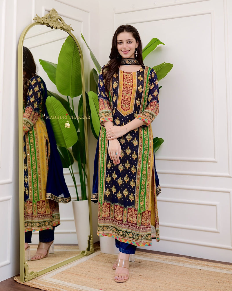 Navy Mustard Pure Chinnon Patch Print Festive Suit