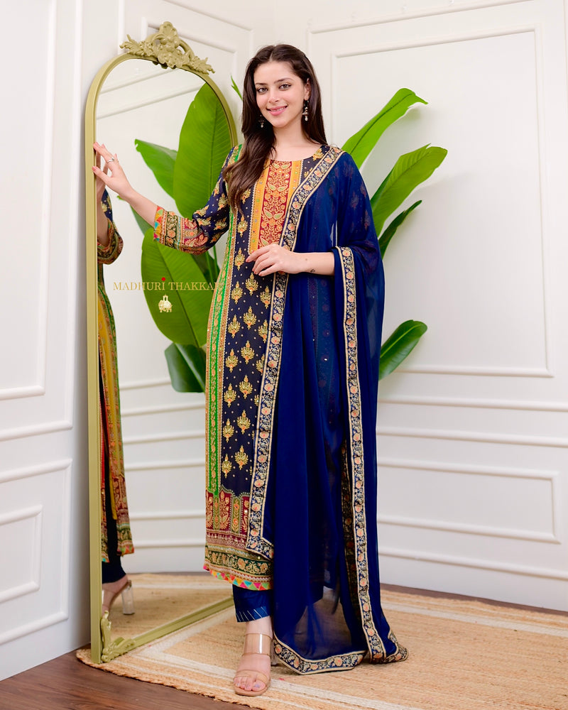 Navy Mustard Pure Chinnon Patch Print Festive Suit