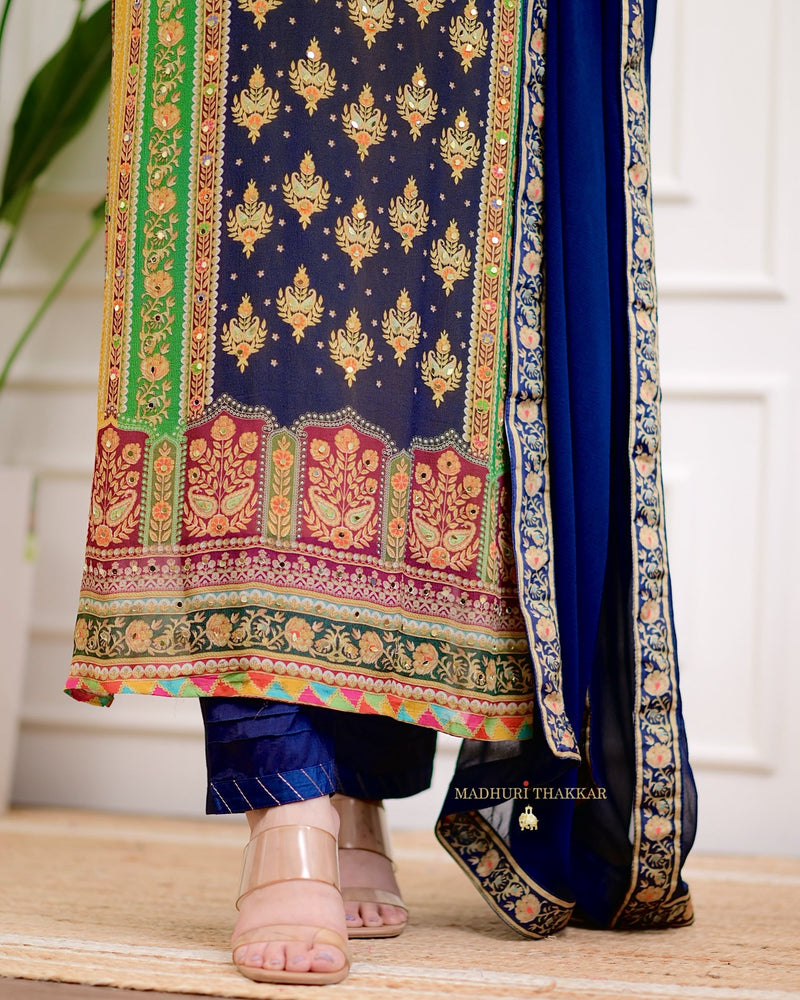 Navy Mustard Pure Chinnon Patch Print Festive Suit