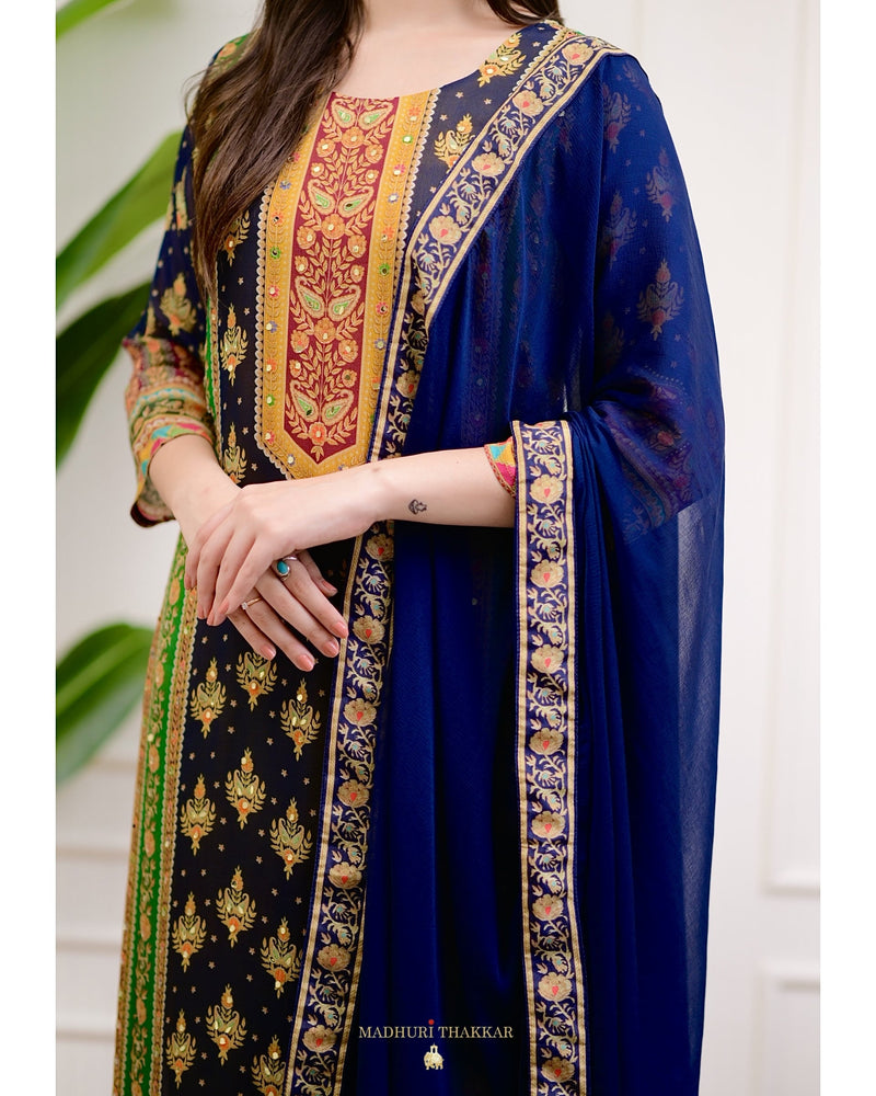 Navy Mustard Pure Chinnon Patch Print Festive Suit