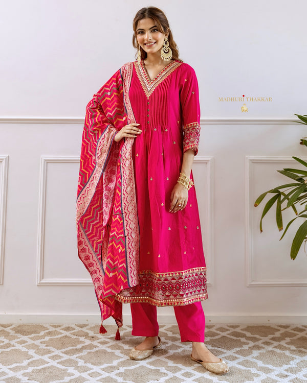 Rani Pink Handwork Muslin A Line Suit