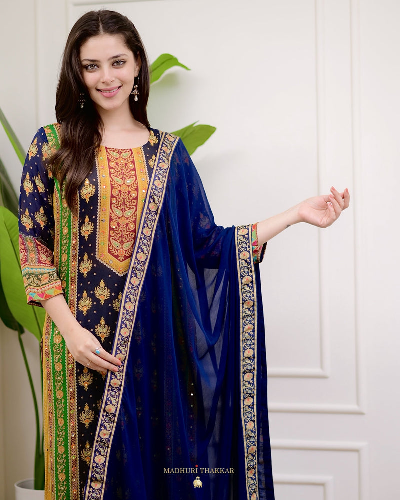 Navy Mustard Pure Chinnon Patch Print Festive Suit