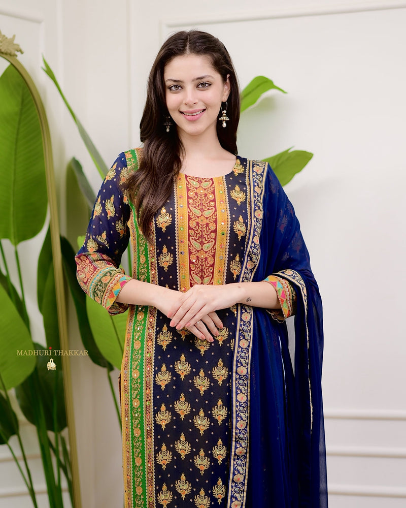 Navy Mustard Pure Chinnon Patch Print Festive Suit