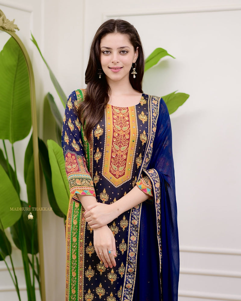 Navy Mustard Pure Chinnon Patch Print Festive Suit