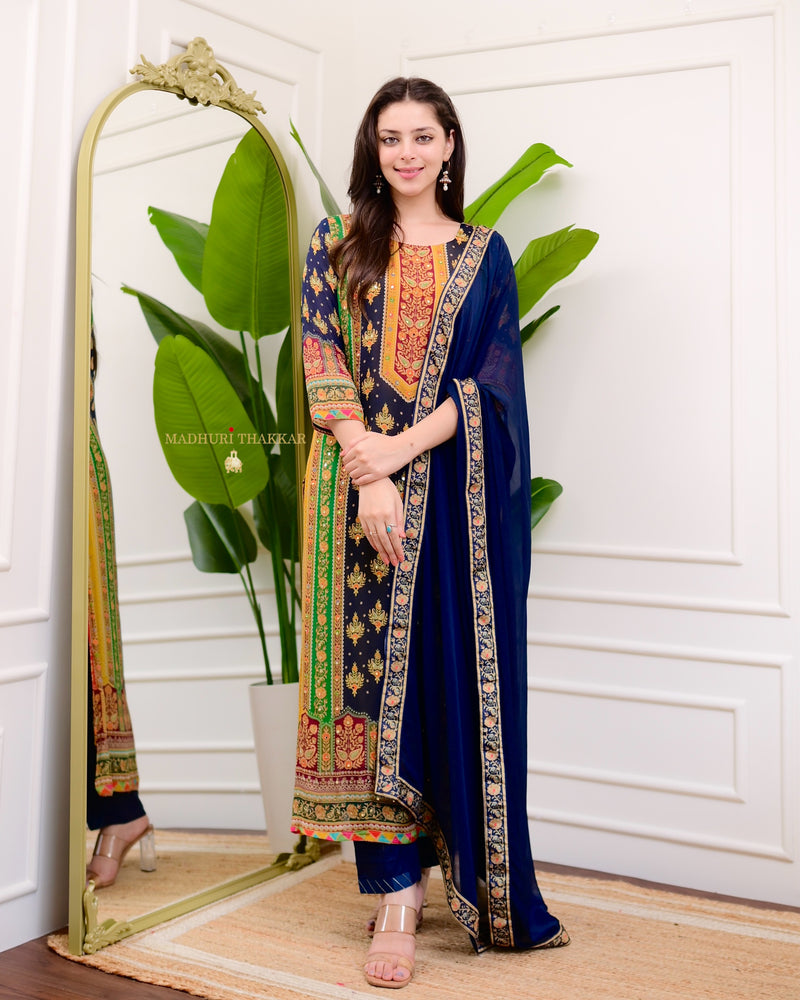 Navy Mustard Pure Chinnon Patch Print Festive Suit