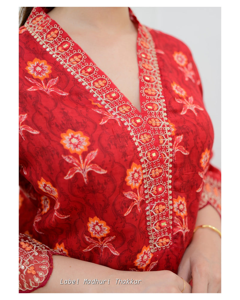 Red Muslin Floral Embroidered Suit