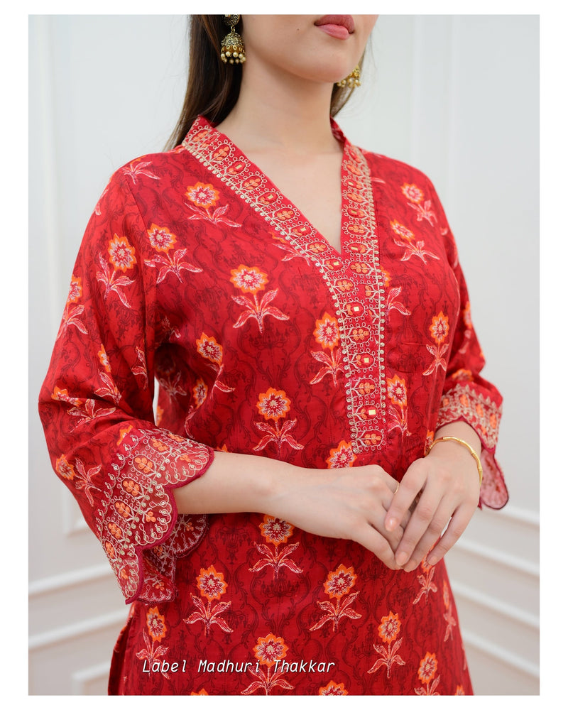 Red Muslin Floral Embroidered Suit