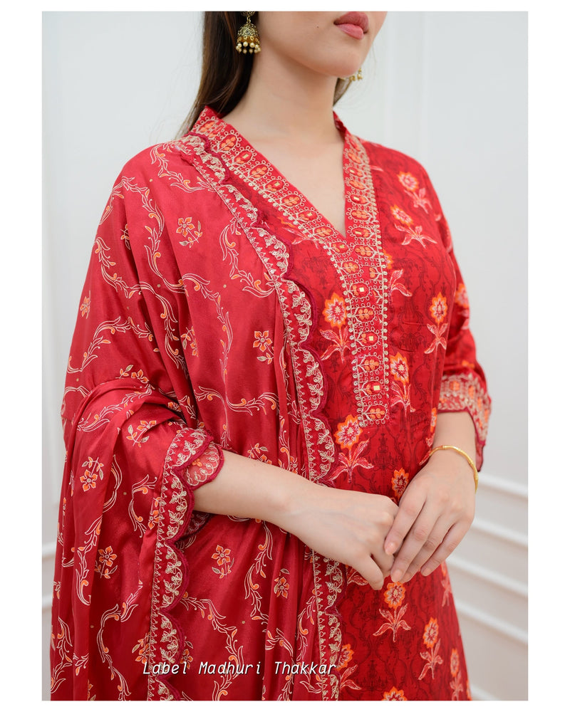 Red Muslin Floral Embroidered Suit