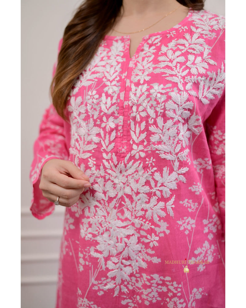 Pink Chikankari Mul Cotton Kurti