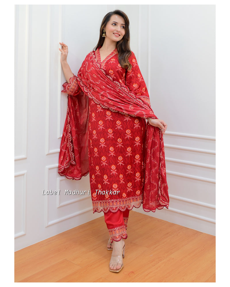 Red Muslin Floral Embroidered Suit