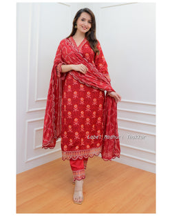 Red Muslin Floral Embroidered Suit