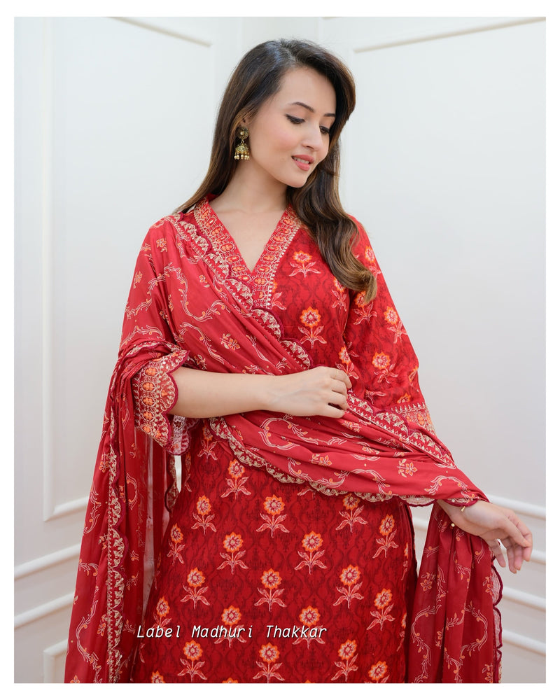 Red Muslin Floral Embroidered Suit