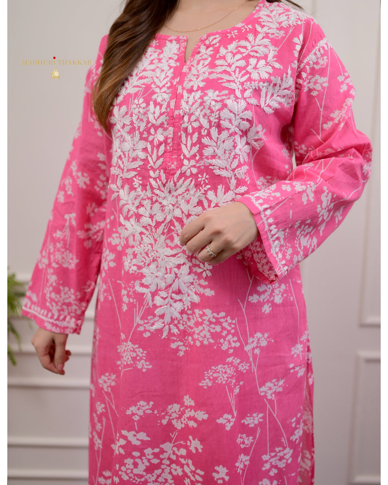 Pink Chikankari Mul Cotton Kurti