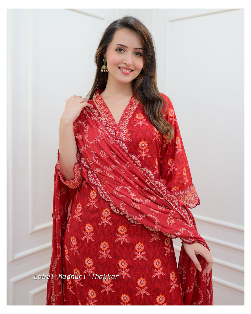 Red Muslin Floral Embroidered Suit