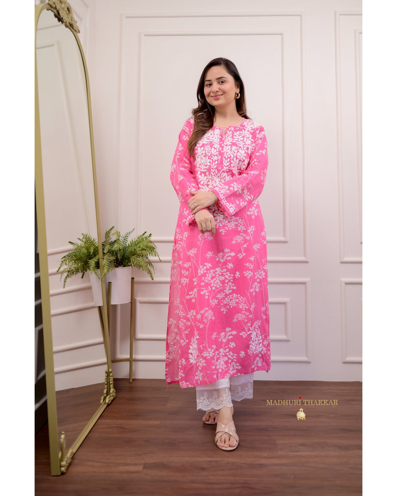 Pink Chikankari Mul Cotton Kurti