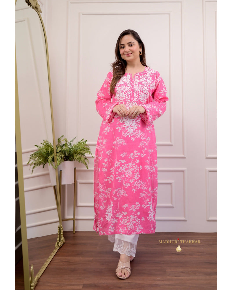 Pink Chikankari Mul Cotton Kurti