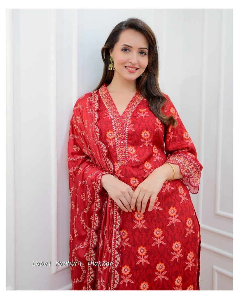 Red Muslin Floral Embroidered Suit