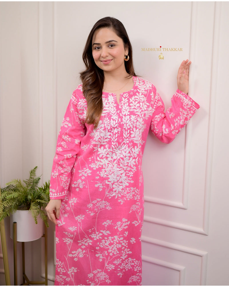 Pink Chikankari Mul Cotton Kurti