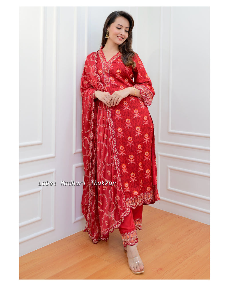 Red Muslin Floral Embroidered Suit