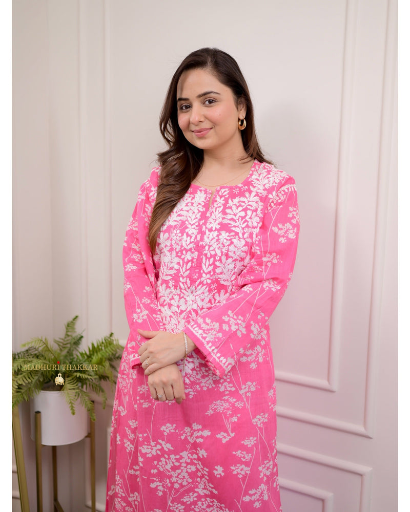 Pink Chikankari Mul Cotton Kurti